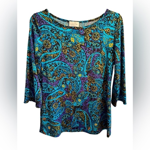 Jon Den Vibrant Paisley Blouse Womens Small Blue & Purple 3/4 Bell Sleeve Lovely - Picture 12 of 16